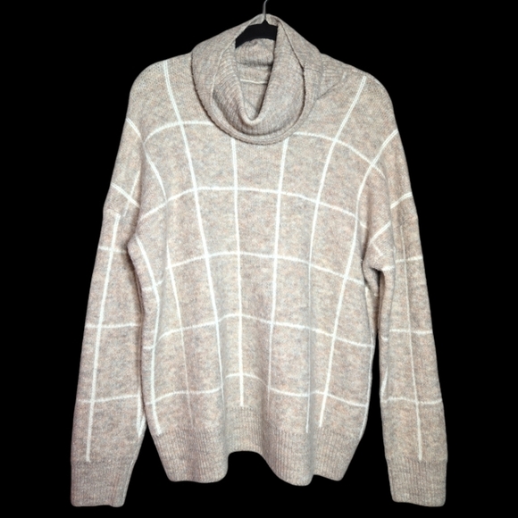 entro Sweaters - Entro Cowl Neck Windowpane Neutral Chunky Oversized Striped Sweater
